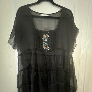 Johnny Was (4 LoveAndLiberty), NWT, Sheer Black Blouse w/floral embroidery Large